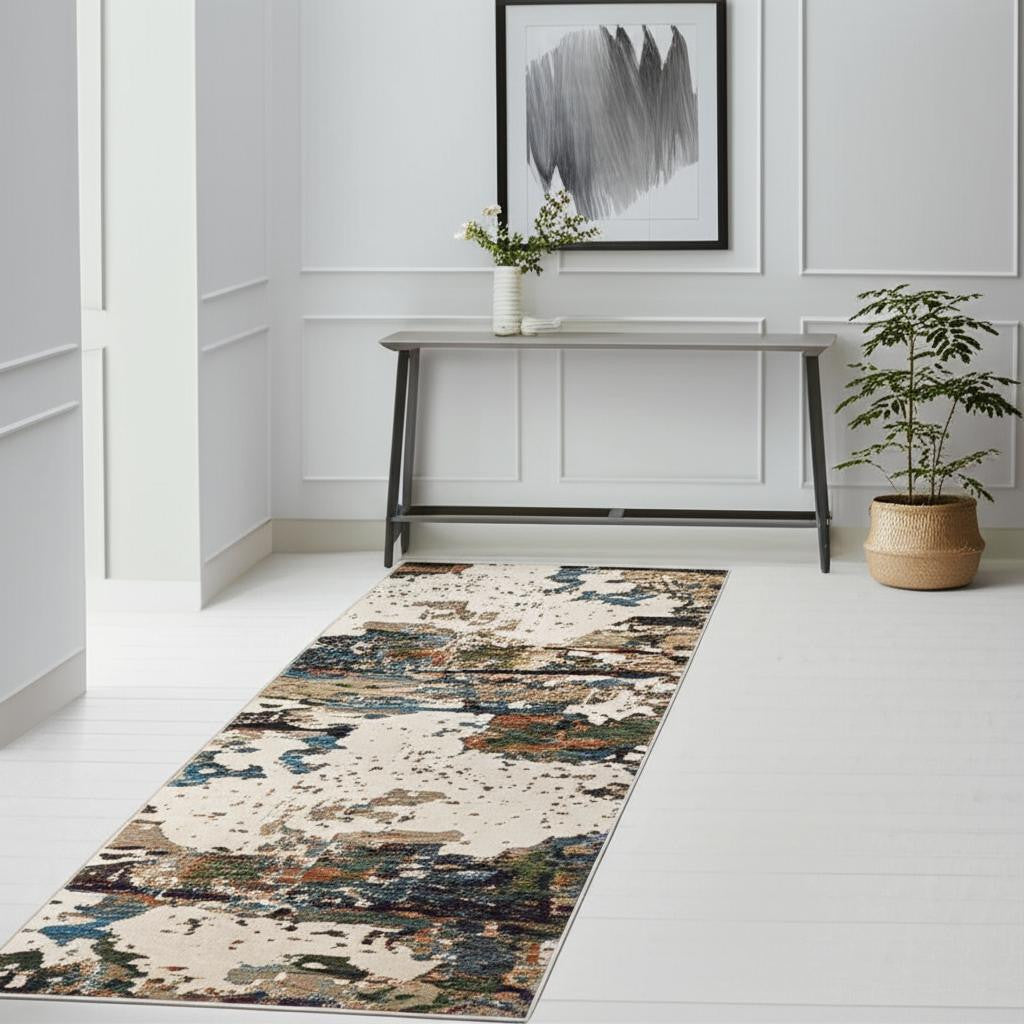 12' Green Gold And Blue Abstract Runner Rug