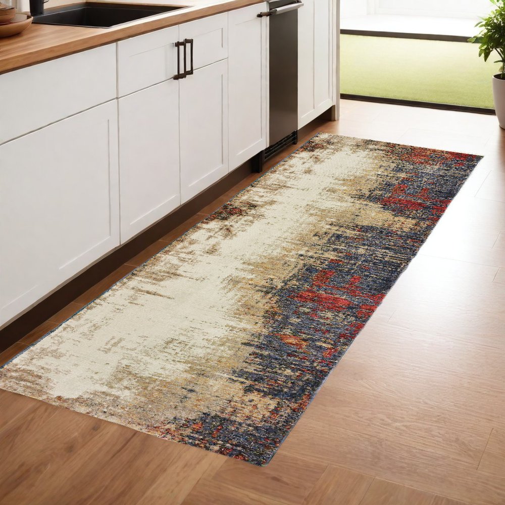 8' Blue And Beige Abstract Runner Rug