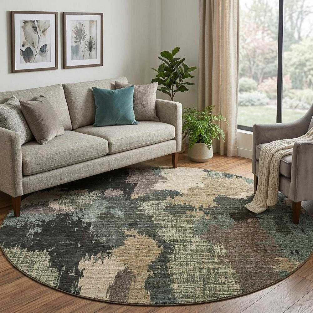 8' Blue and Ivory Round Abstract Power Loom Area Rug