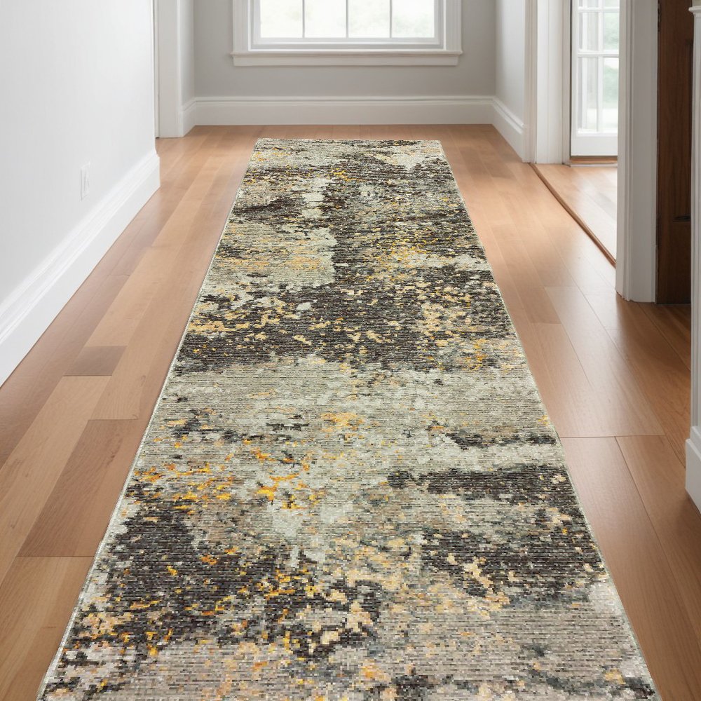 12' Gray And Gold Abstract Runner Rug