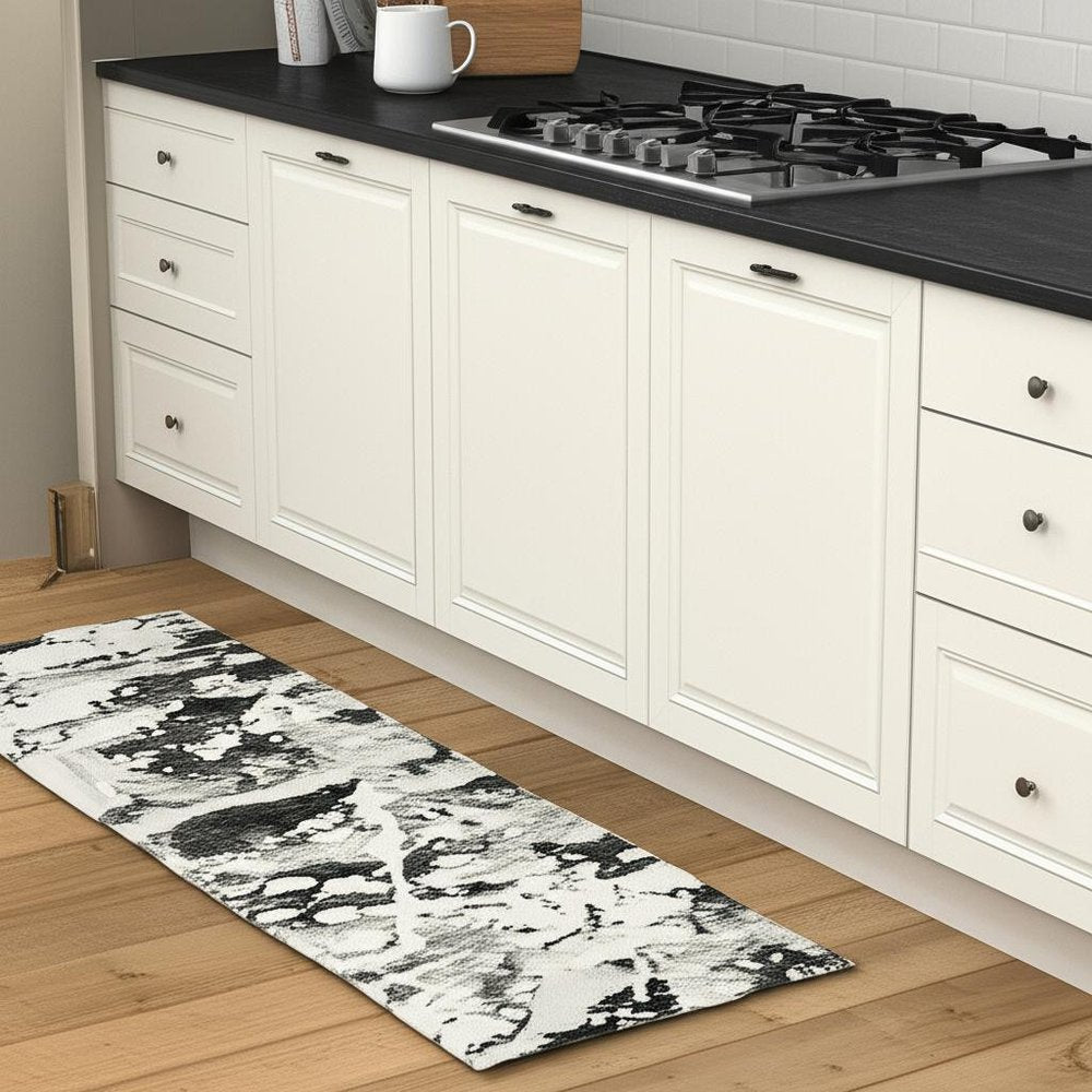 8' Charcoal And White Abstract Runner Rug