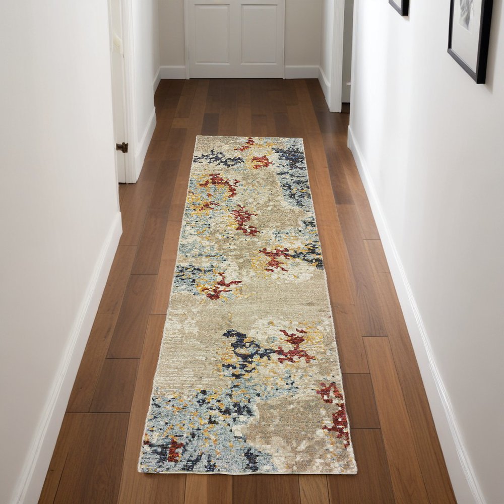 8' Blue And Beige Abstract Runner Rug