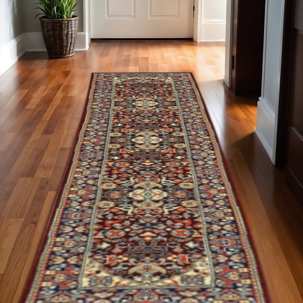12' Blue And Red Genuine Wool Oriental Runner Rug With Fringe