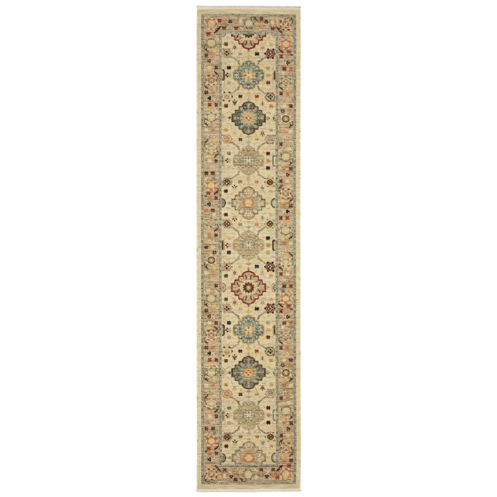 12' Beige And Ivory Genuine Wool Oriental Runner Rug With Fringe