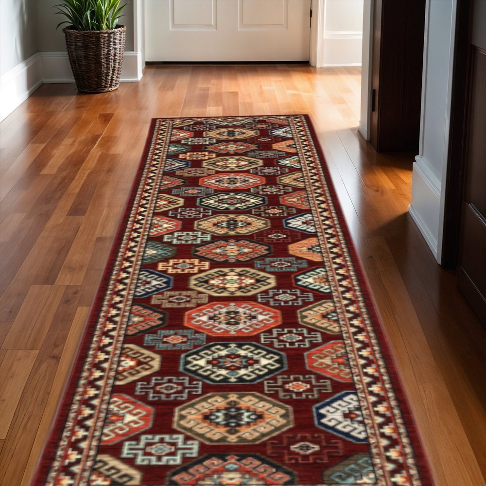 12' Red And Ivory Genuine Wool Oriental Runner Rug With Fringe