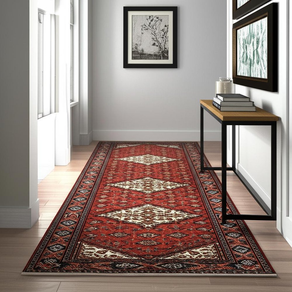 12' Blue And Red Genuine Wool Oriental Runner Rug With Fringe