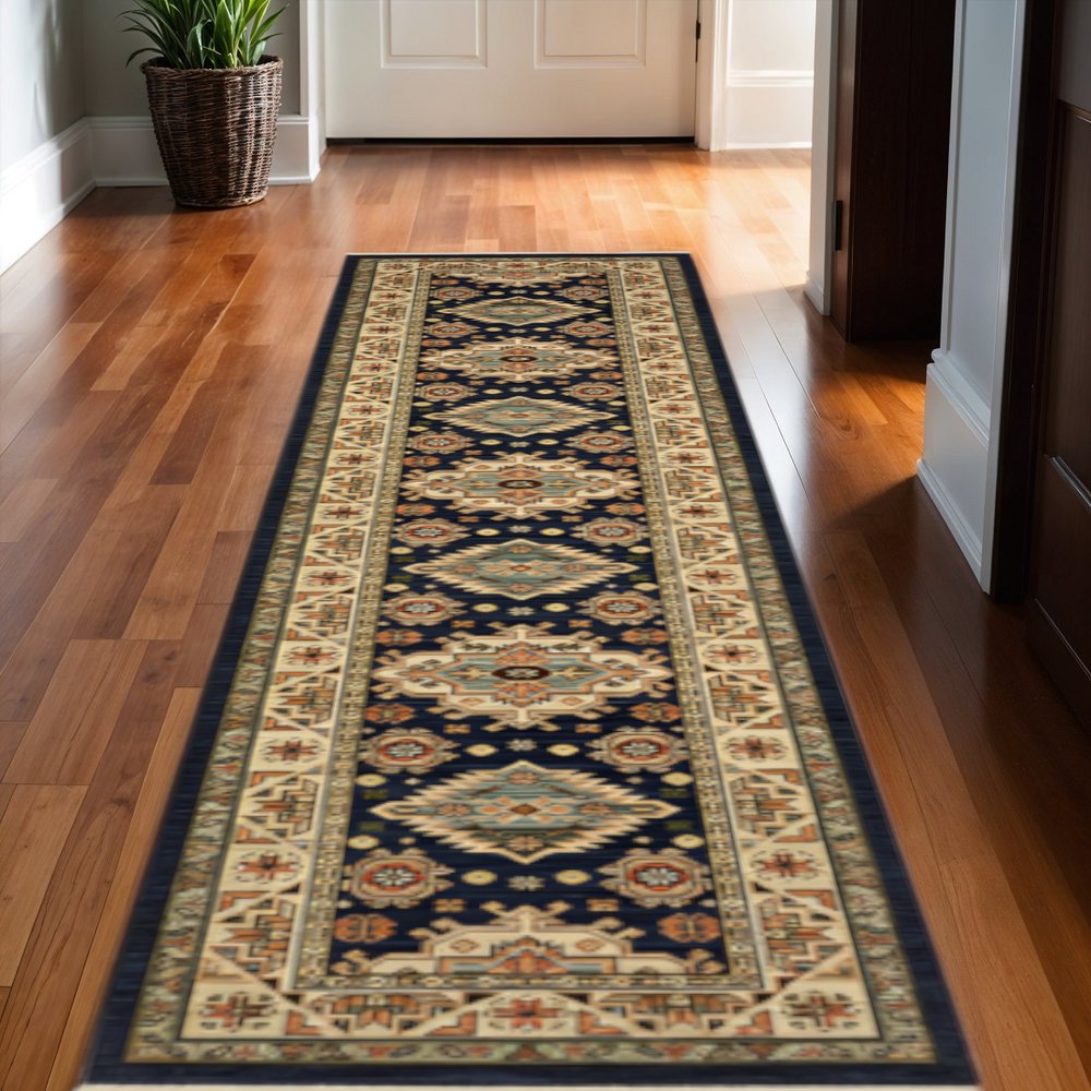12' Blue and Orange Oriental Power Loom Runner Rug