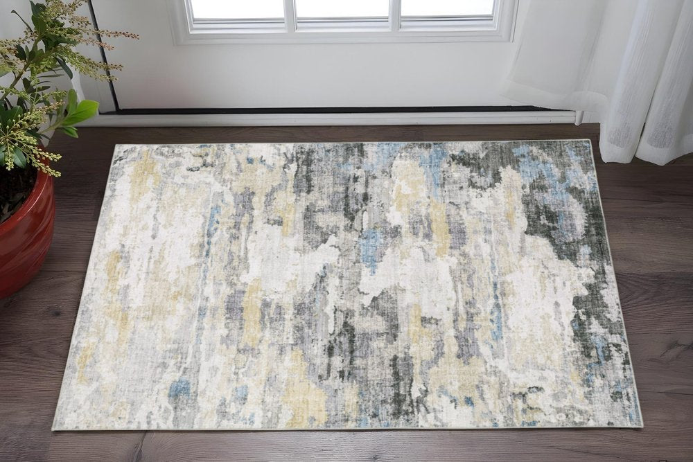 2' X 3' Ivory And Gray Abstract Distressed Area Rug