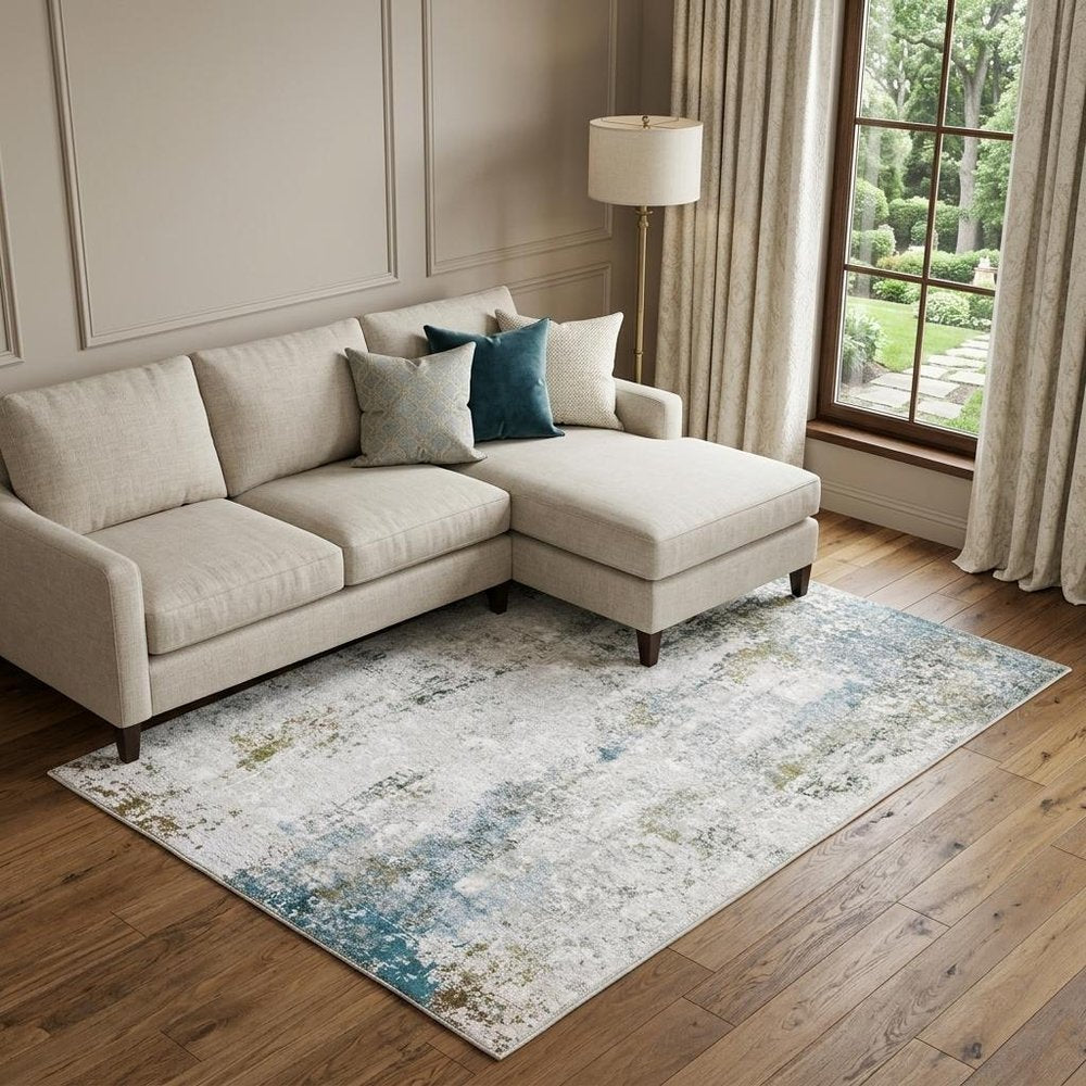 8' X 10' Ivory and Blue Abstract Non Skid Area Rug