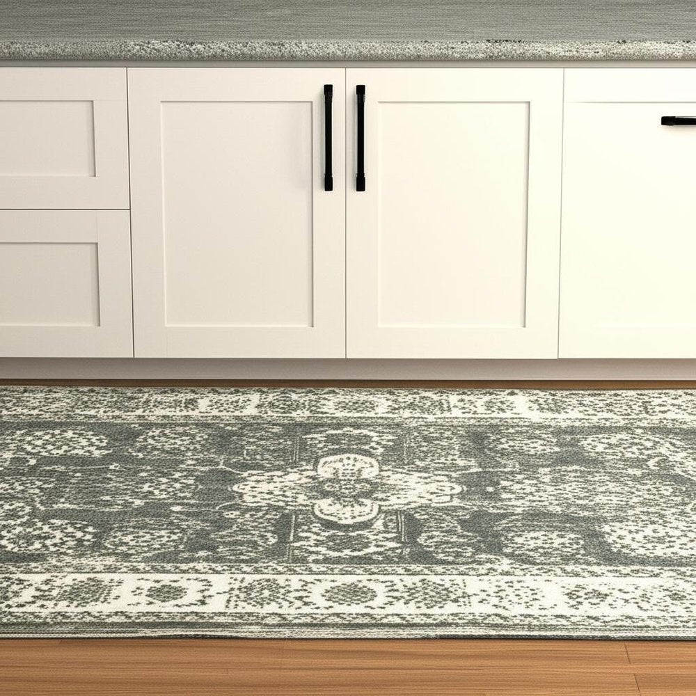 2' X 8' Blue And Beige Oriental Printed Stain Resistant Non Skid Runner Rug