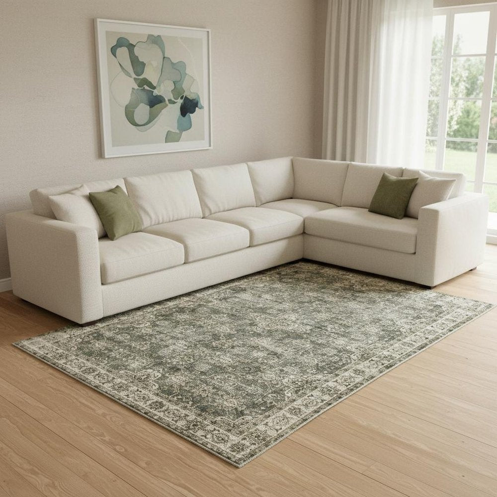 8' X 10' Green And Ivory Oriental Area Rug