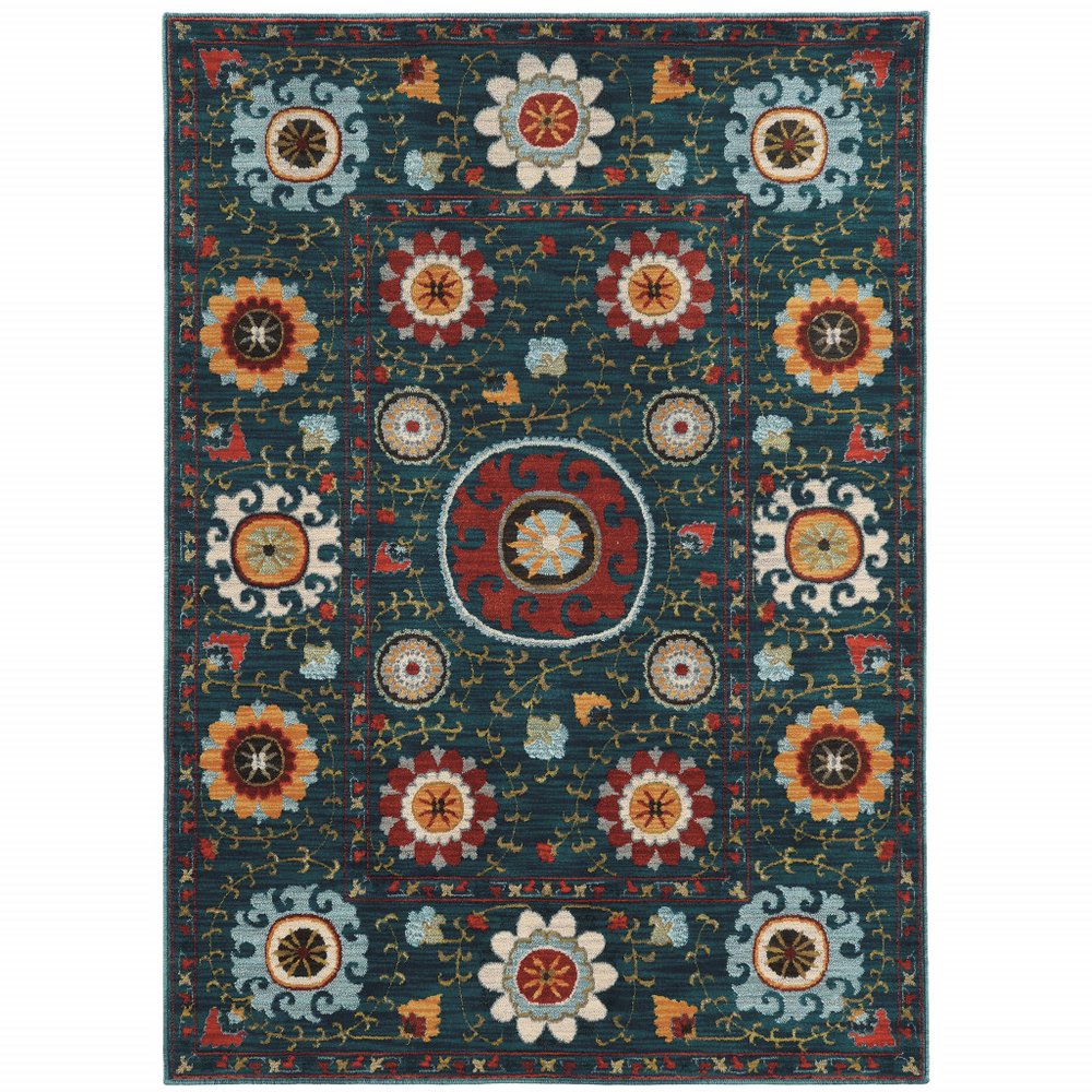 10' X 13' Teal Blue Rust Gold And Ivory Floral Power Loom Stain Resistant Area Rug