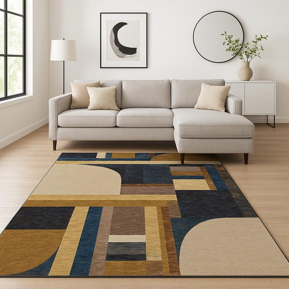 9' X 12' Gold Blue Beige Purple and Teal Geometric Power Loom Area Rug