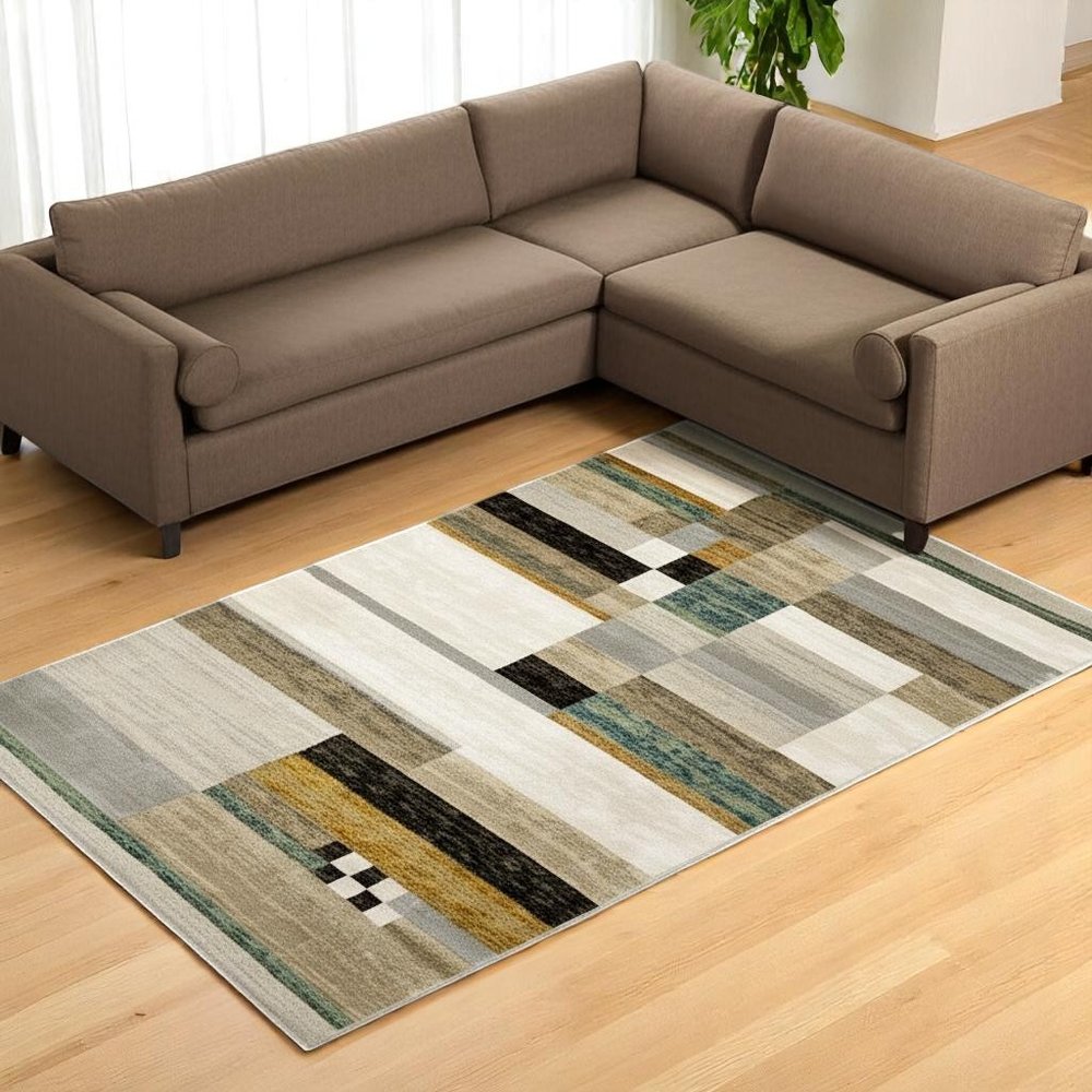 10' X 13' Beige Gold Black Grey Tan Teal and Rust Geometric Power Loom Area Rug