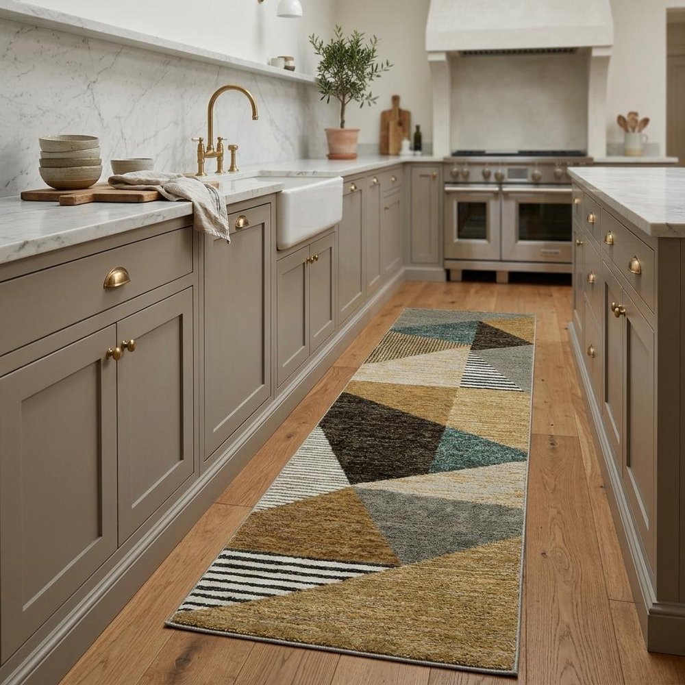 8' Blue And Beige Geometric Runner Rug