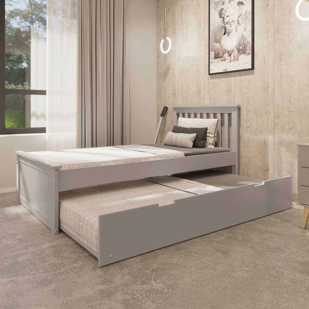 Gray Solid Wood Twin Bed With Pull Out Trundle