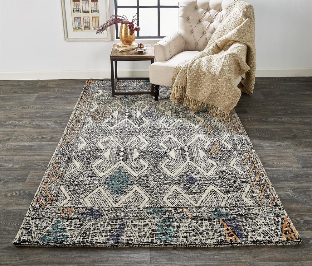 8' Black Ivory And Green Wool Geometric Hand Tufted Distressed Round Rug