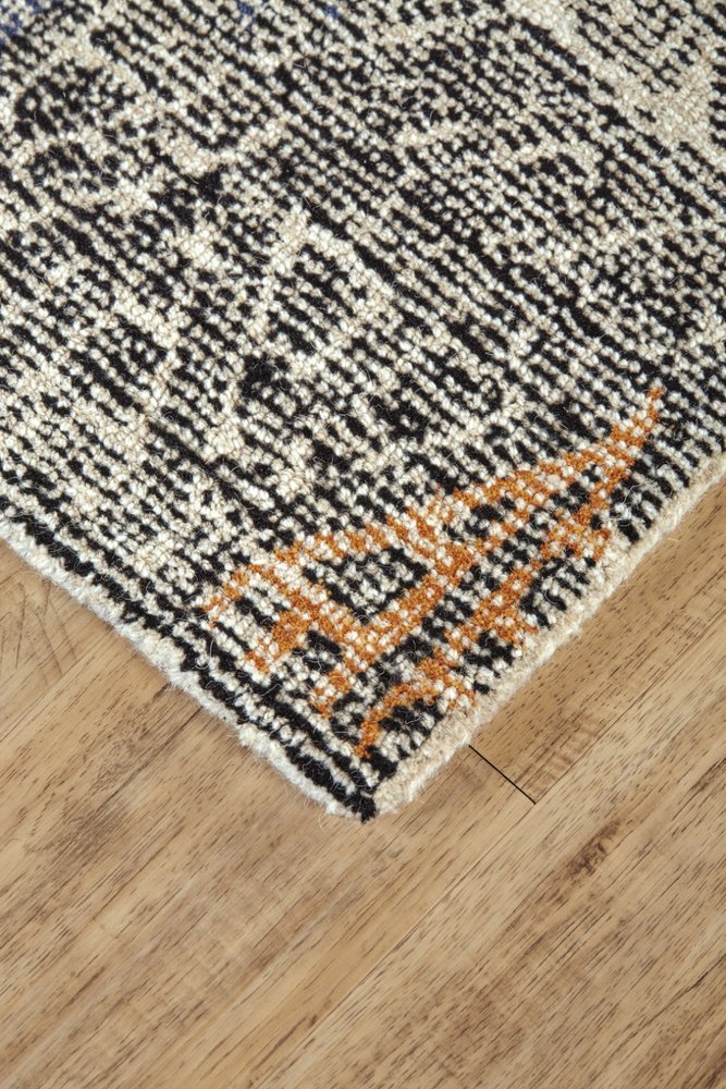 8' Black Ivory And Green Wool Geometric Hand Tufted Distressed Round Rug