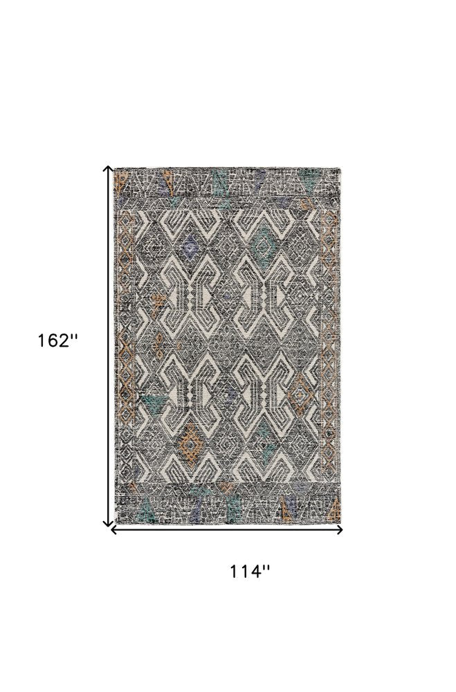 8' Black Ivory And Green Wool Geometric Hand Tufted Distressed Round Rug