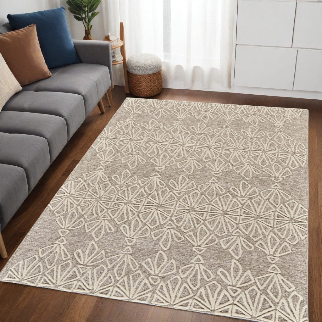 4' X 6' Tan And Ivory Wool Geometric Tufted Handmade Stain Resistant Area Rug