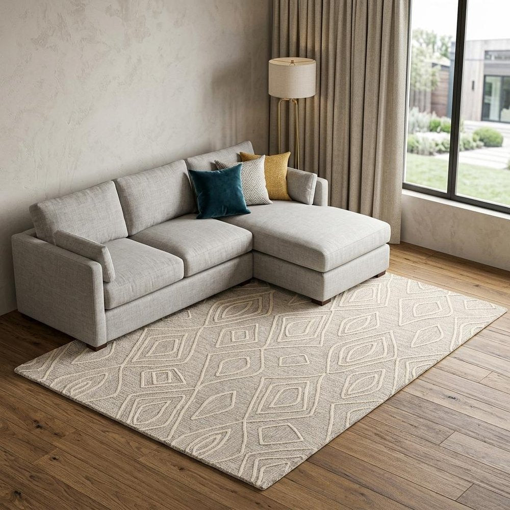 8' X 11' Tan And Ivory Wool Geometric Tufted Handmade Stain Resistant Area Rug