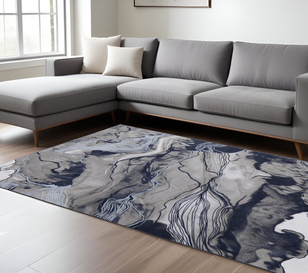 8' X 11' Blue Gray and Ivory Abstract Power Loom Non Skid Area Rug