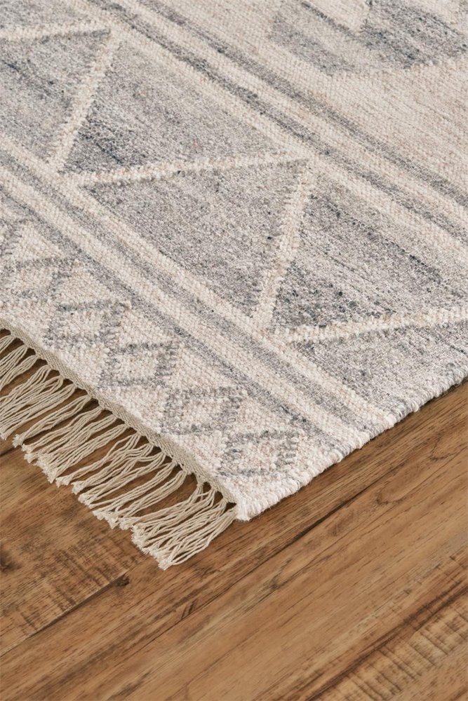 10' X 14' Blue and Ivory Wool Geometric Flatweave Handmade Area Rug With Fringe