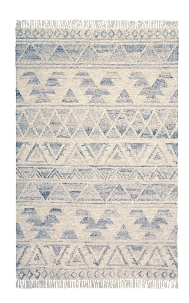 10' X 14' Blue and Ivory Wool Geometric Flatweave Handmade Area Rug With Fringe