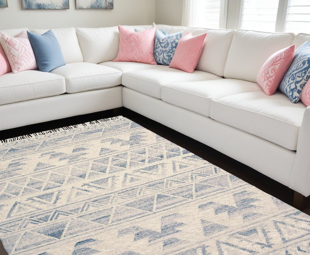 10' X 14' Blue and Ivory Wool Geometric Flatweave Handmade Area Rug With Fringe