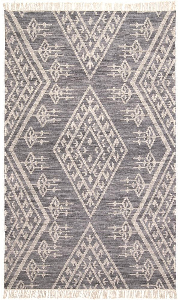 10' X 14' Gray Ivory And Blue Wool Geometric Dhurrie Flatweave Handmade Area Rug With Fringe