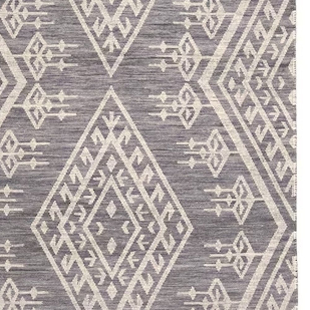 10' X 14' Gray Ivory And Blue Wool Geometric Dhurrie Flatweave Handmade Area Rug With Fringe