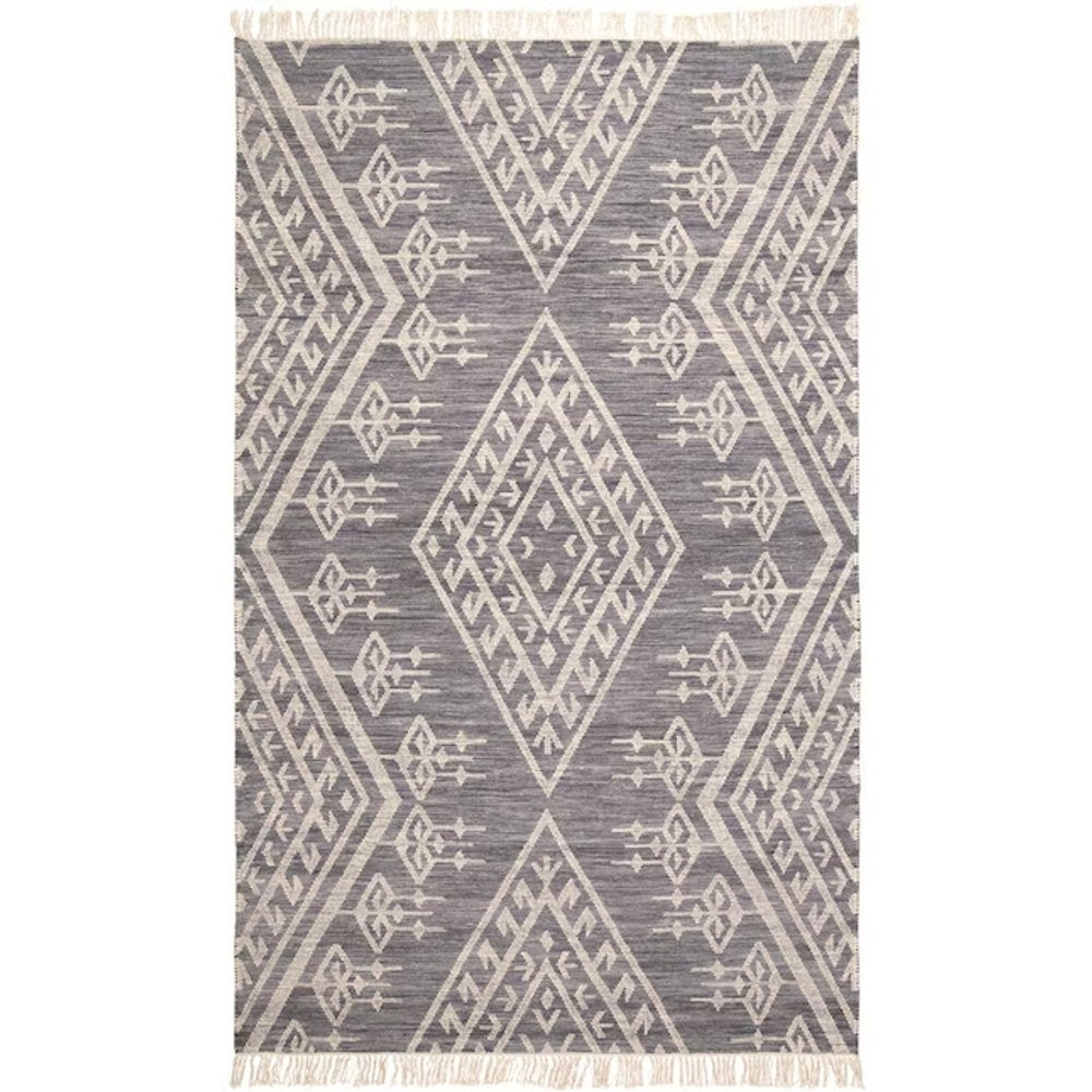 10' X 14' Gray Ivory And Blue Wool Geometric Dhurrie Flatweave Handmade Area Rug With Fringe