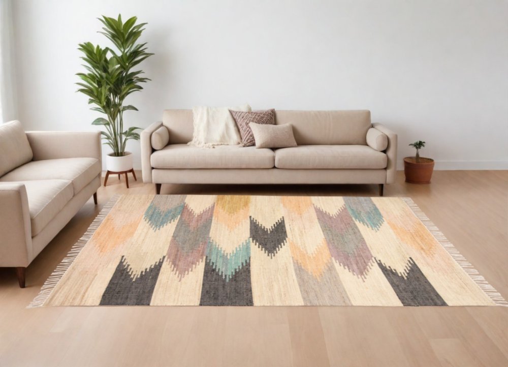 10' X 14' Tan Blue And Orange Geometric Dhurrie Flatweave Handmade Area Rug With Fringe