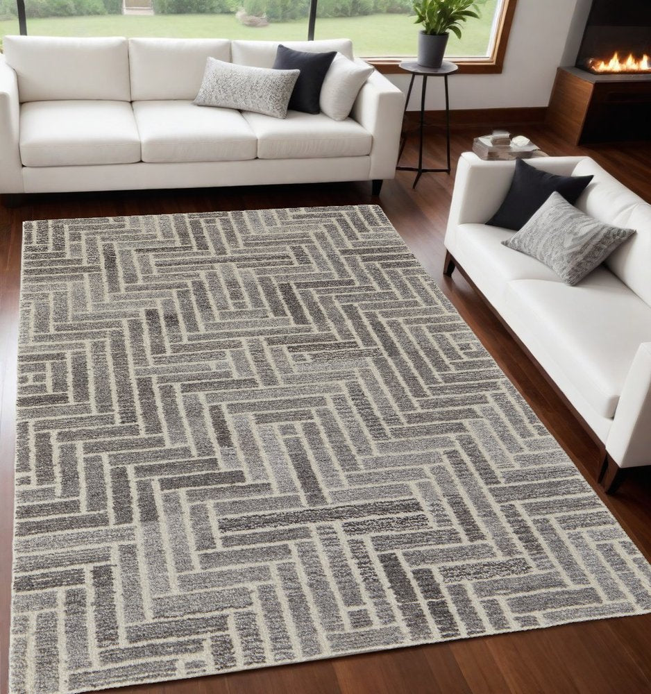 10' X 14' Tan and Gray Wool Geometric Hand Tufted Area Rug