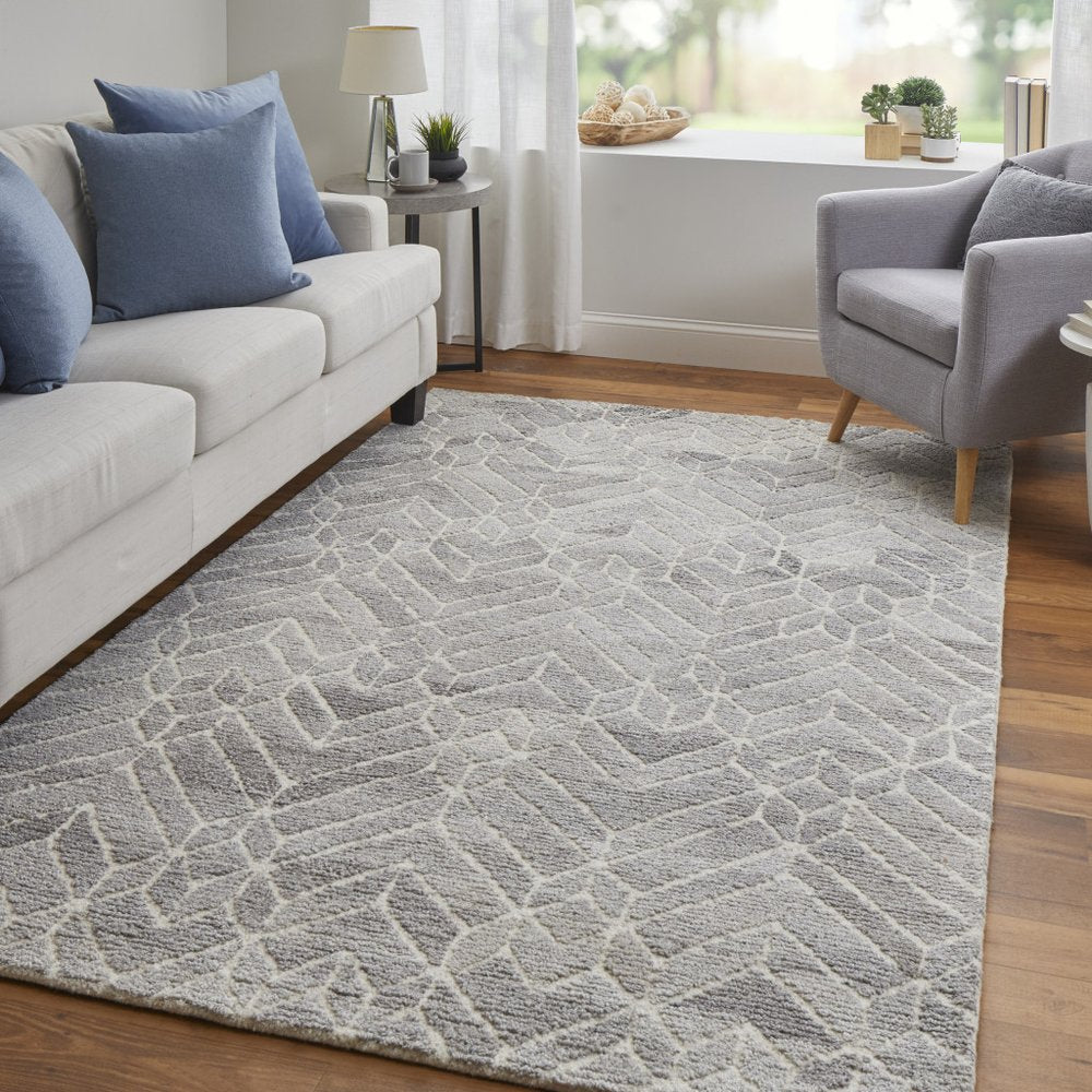 10' X 14' Gray and Ivory Wool Geometric Hand Tufted Area Rug