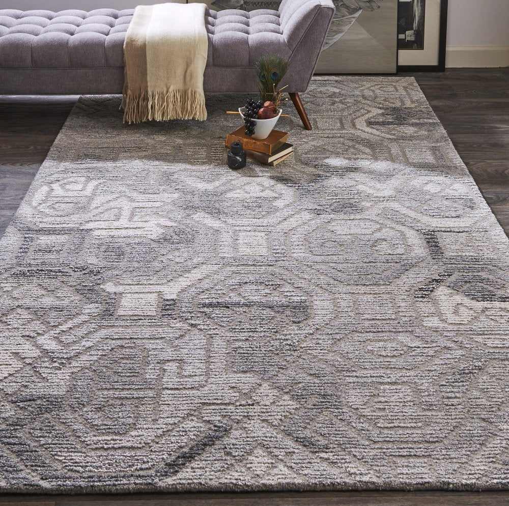 10' X 14' Gray and Ivory Wool Abstract Hand Tufted Area Rug