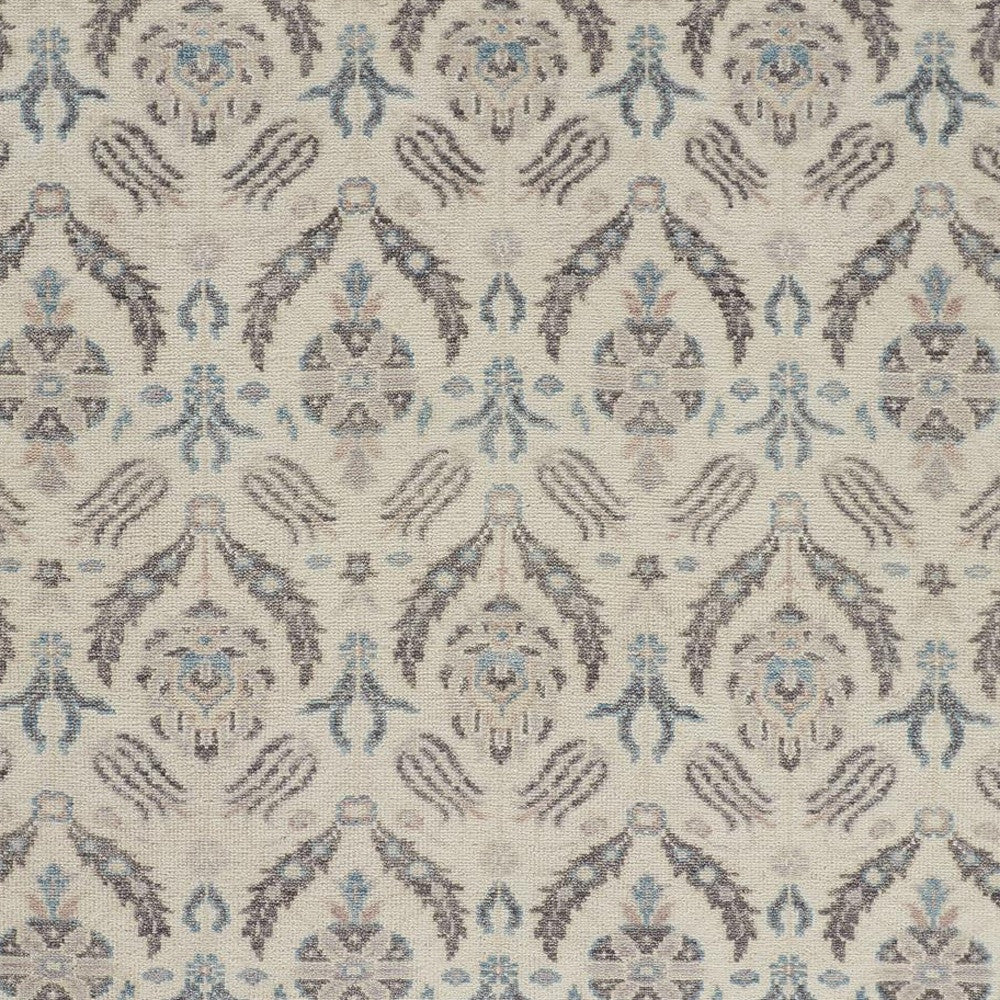 12' X 15' Ivory Gray And Blue Wool Floral Hand Knotted Stain Resistant Area Rug