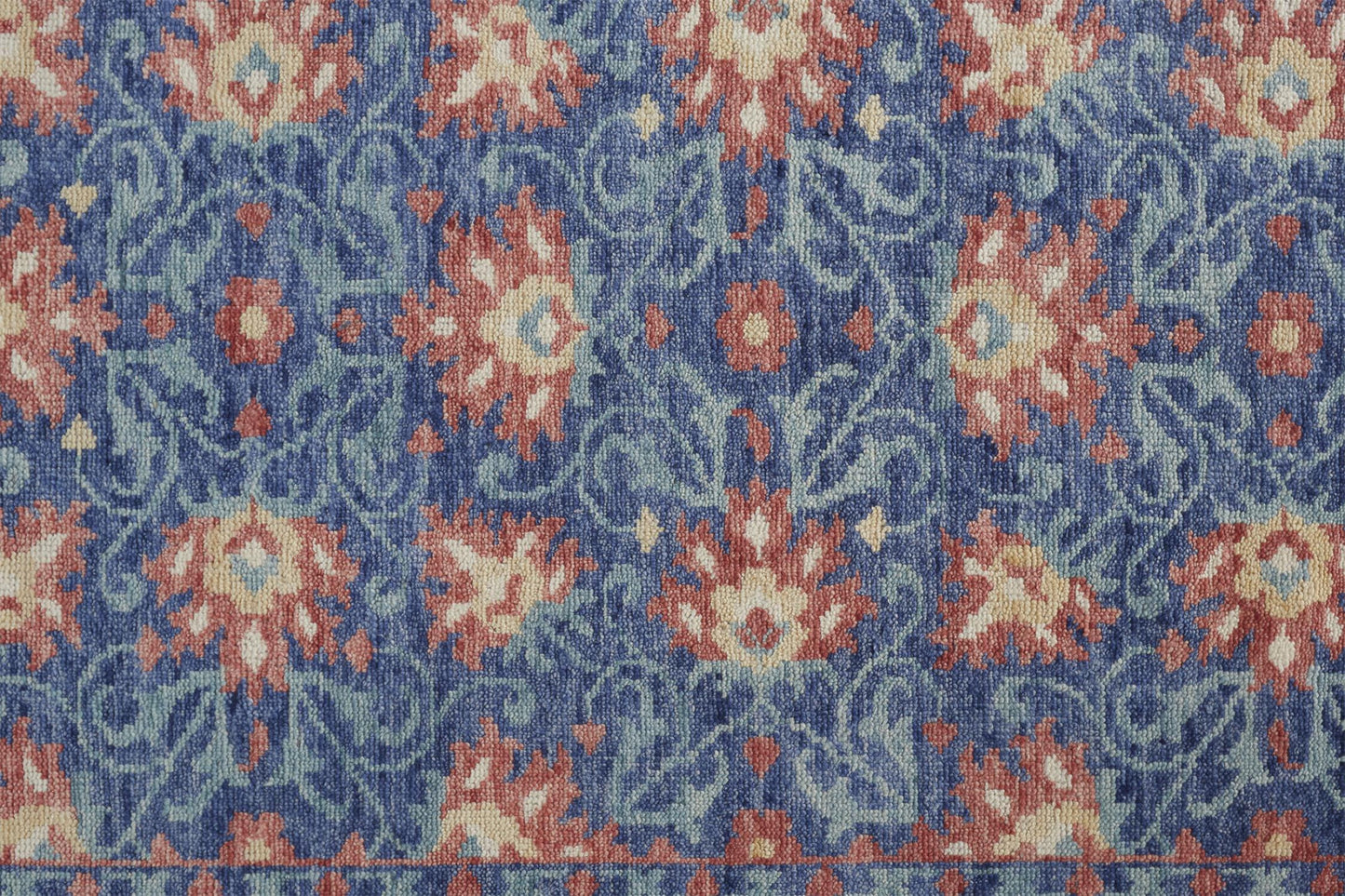 4' X 6' Blue and Beige Wool Floral Hand Knotted Area Rug