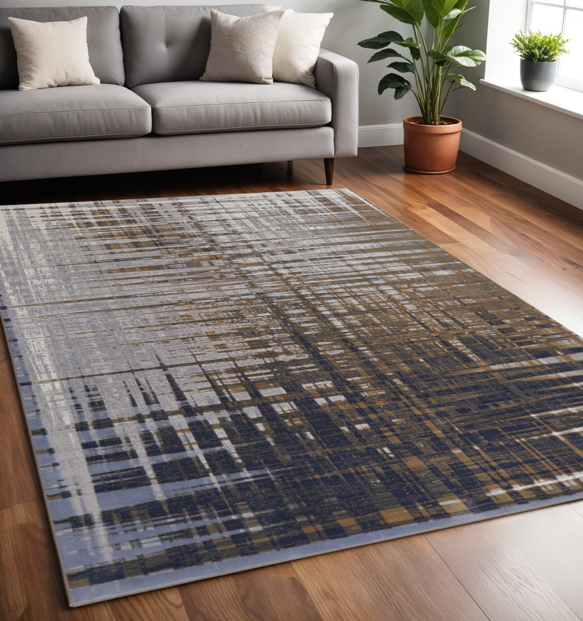 12' X 15' Blue Orange And Gray Abstract Power Loom Area Rug
