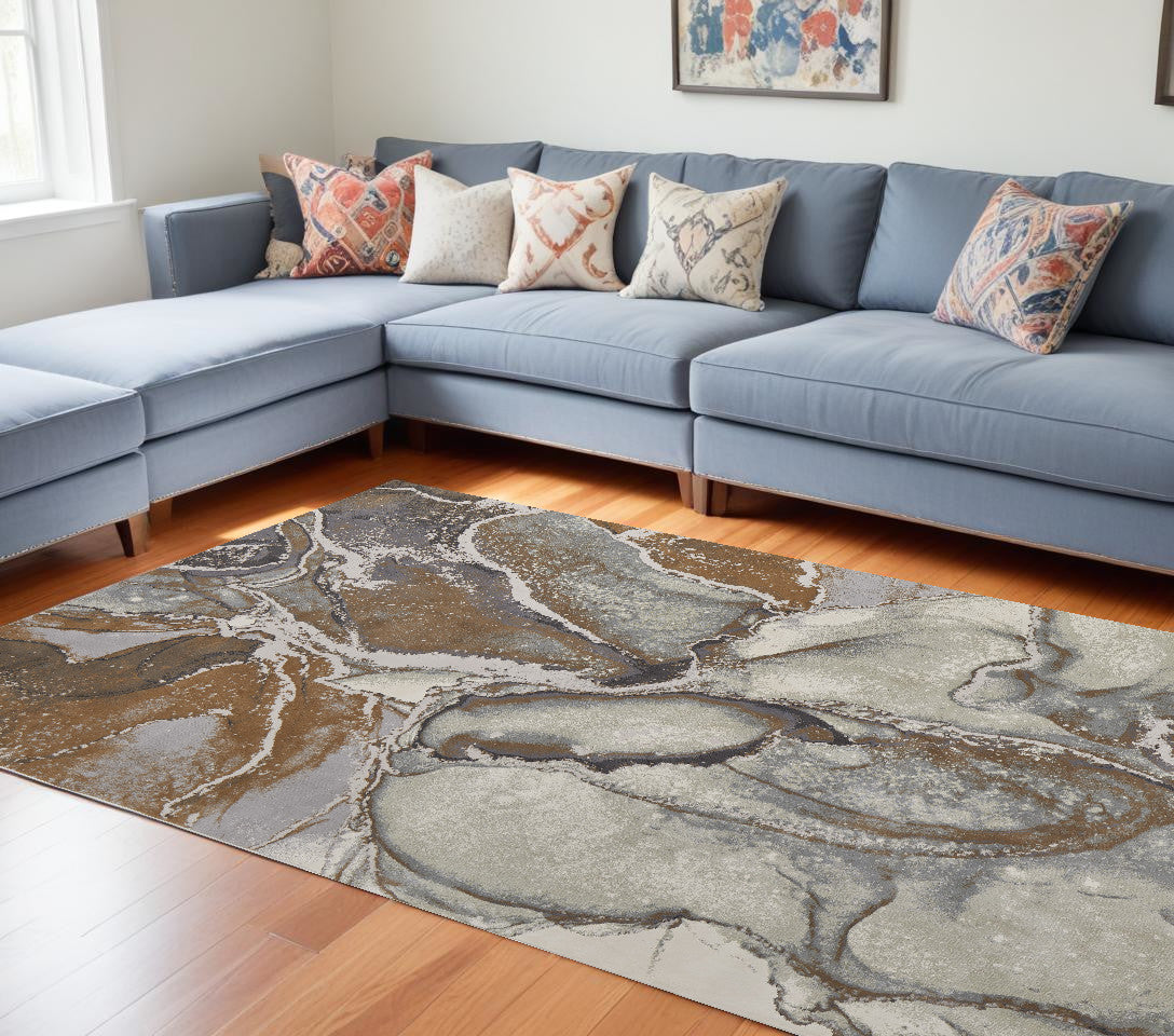 8' X 10' Gray and Brown Marble Power Loom Area Rug