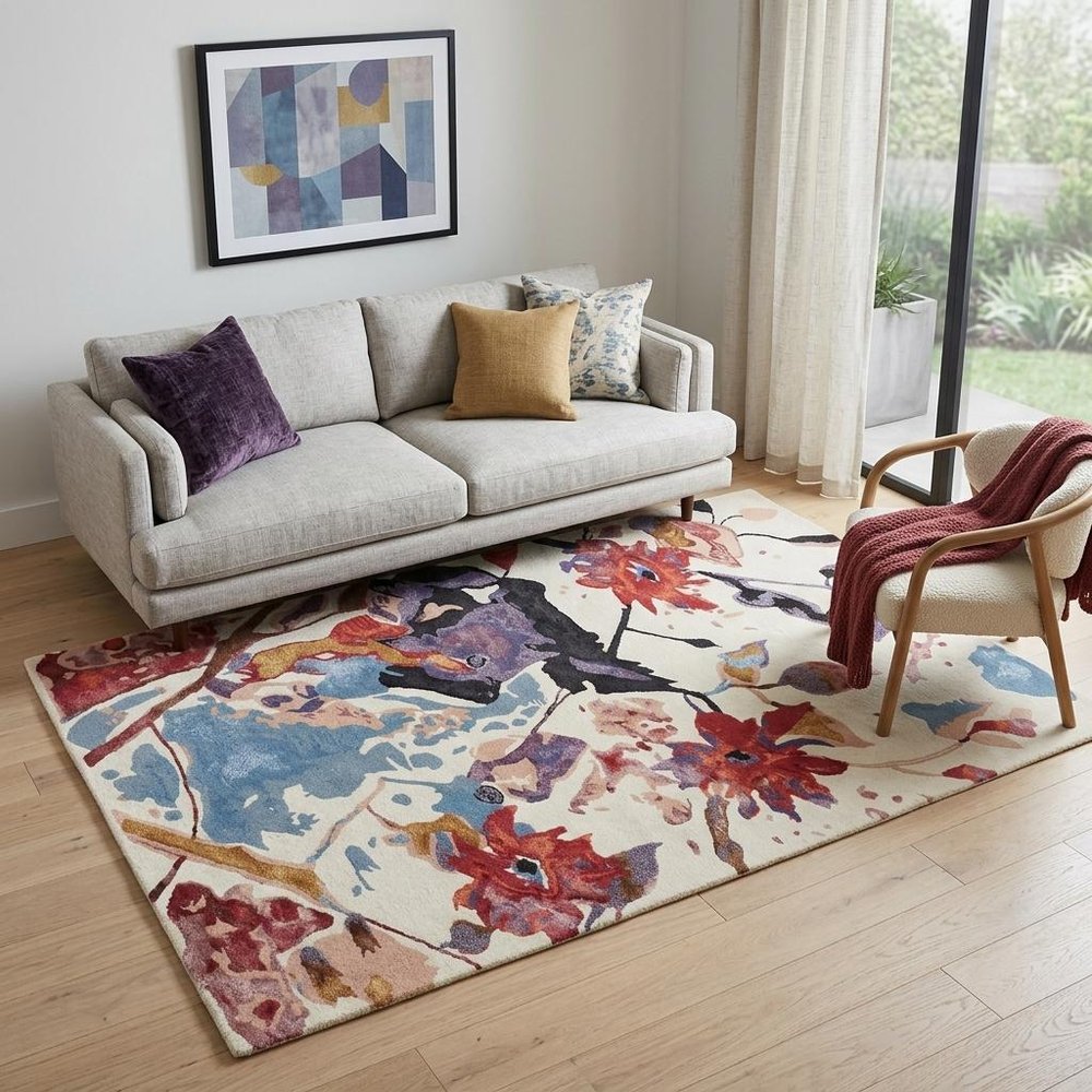 9' X 12' Blue and Red Floral Hand Tufted Area Rug