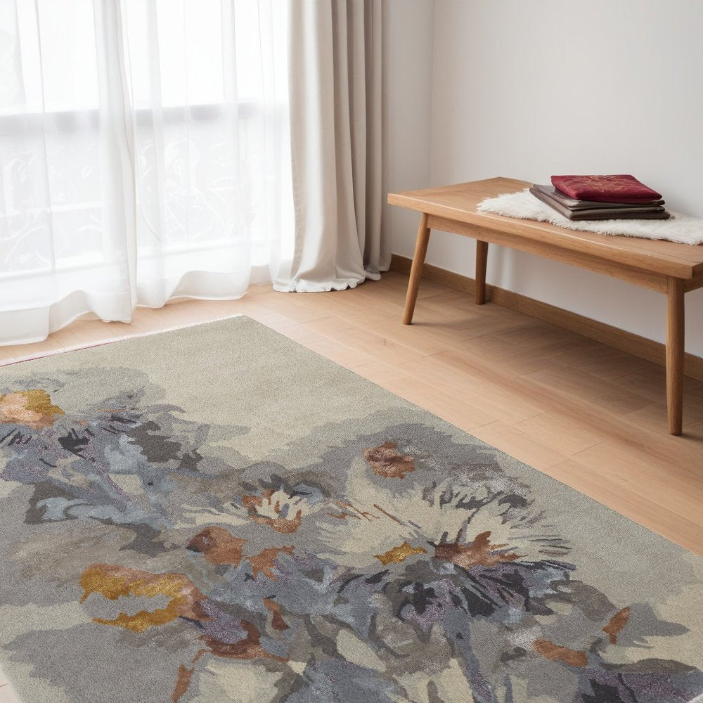 10' X 14' Blue and Gray Wool Floral Hand Tufted Area Rug