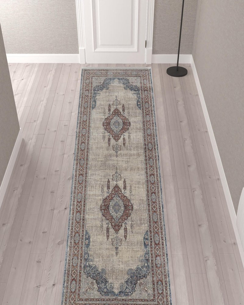 10' Gray Red And Blue Floral Runner Rug With Fringe