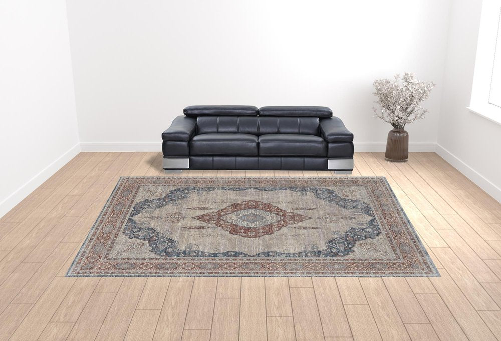 10' Gray Red And Blue Floral Runner Rug With Fringe
