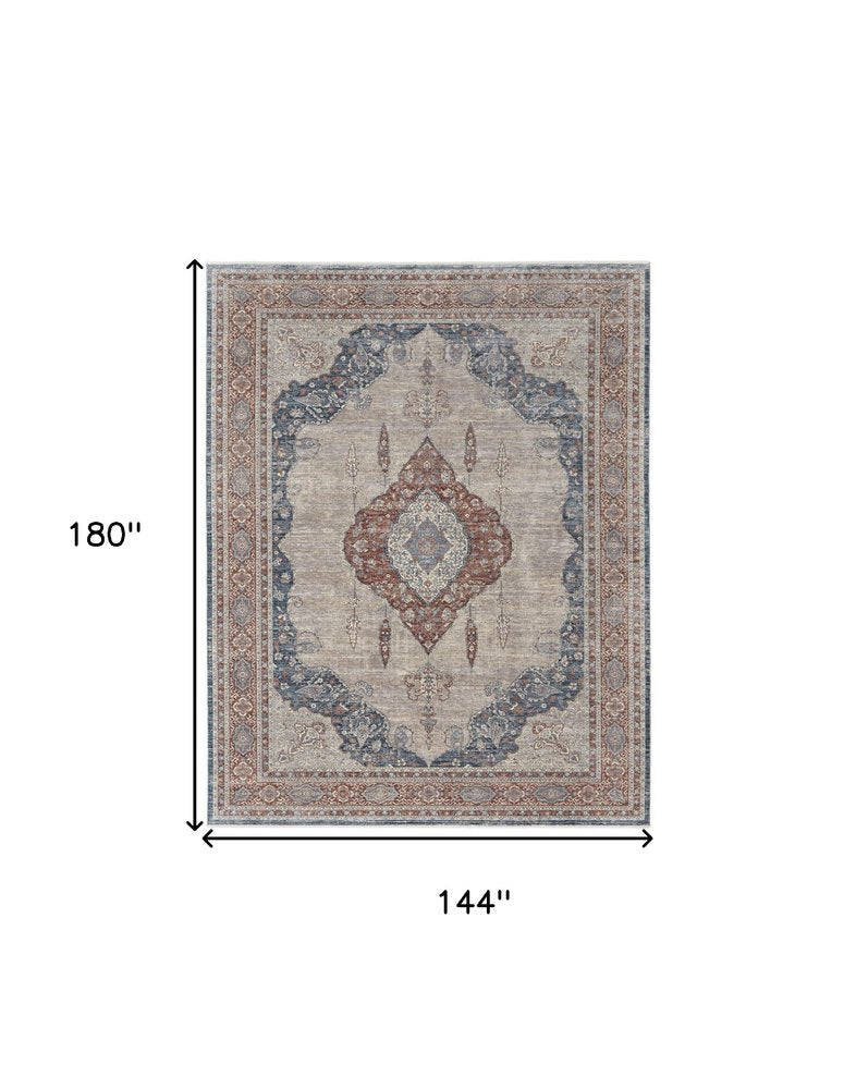 10' Gray Red And Blue Floral Runner Rug With Fringe