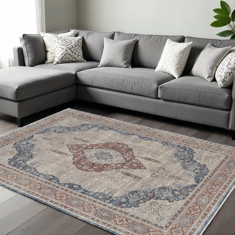 10' Gray Red And Blue Floral Runner Rug With Fringe