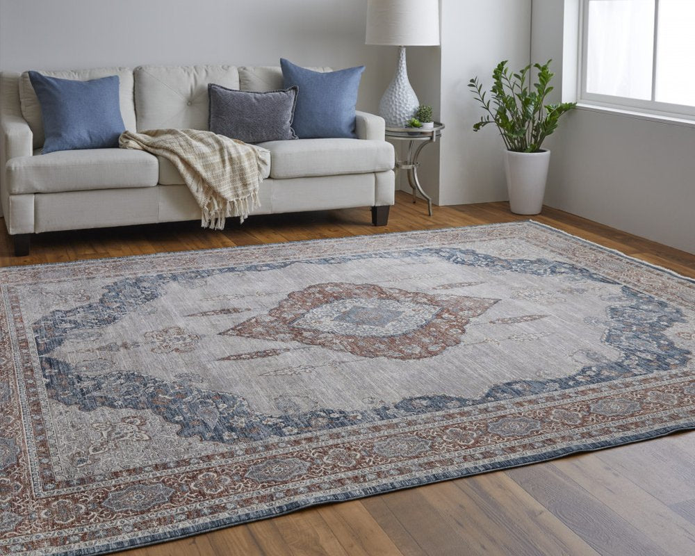 10' Gray Red And Blue Floral Runner Rug With Fringe