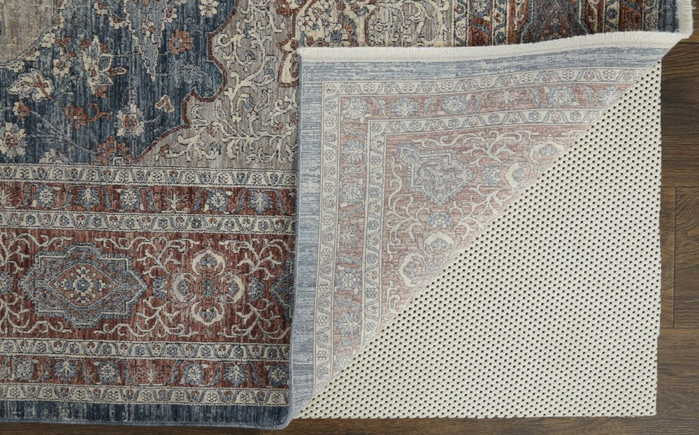 10' Gray Red And Blue Floral Runner Rug With Fringe