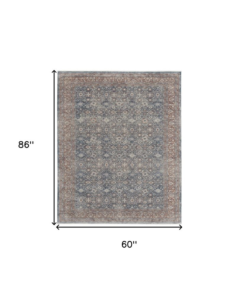 7' X 10' Blue Beige And Red Floral Area Rug