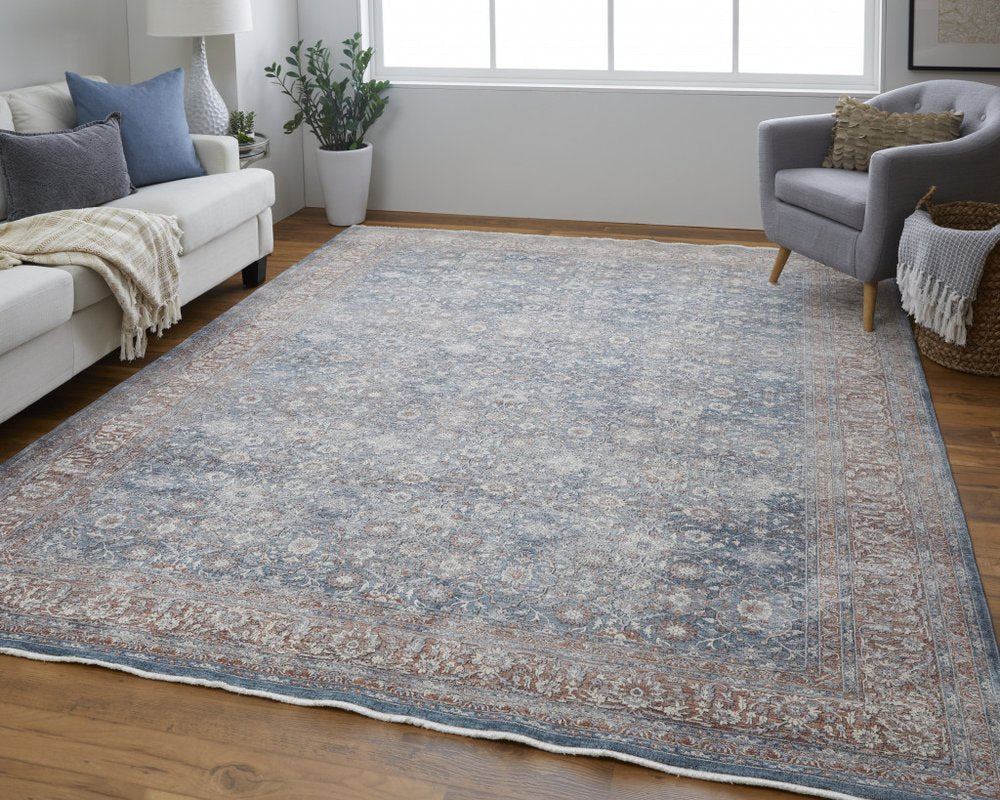 7' X 10' Blue Beige And Red Floral Area Rug